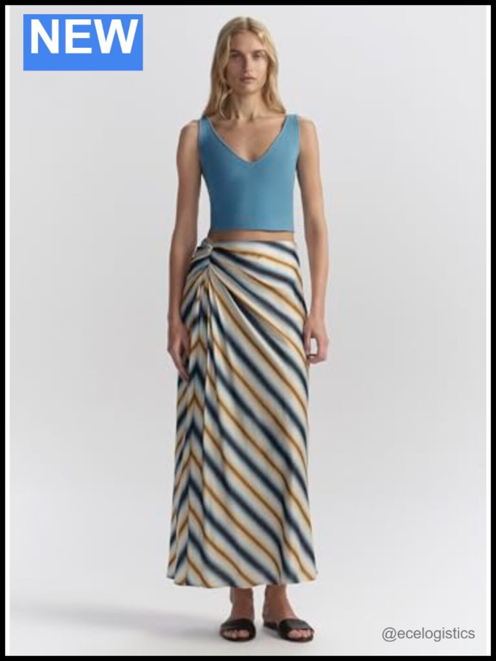 ALC High-Rise Midi A-Line Skirt Knotted Detail Diagonal Stripe - Picture 3 of 5